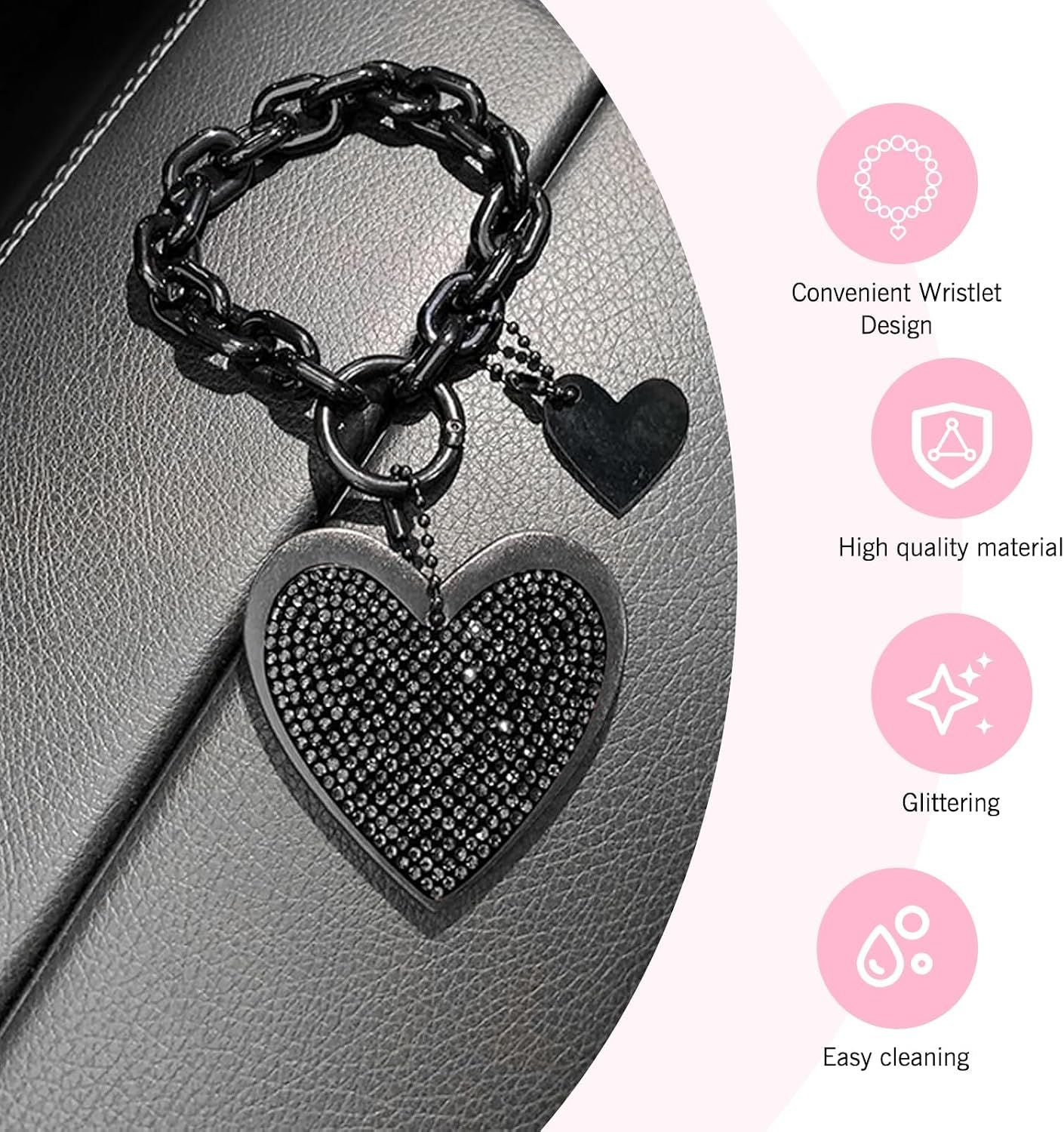 Car Keychain, Heart Key Wristlet Chain, Bling Rhinestone Charm for Handbag Purse Backpack, for Women Girl (Black)