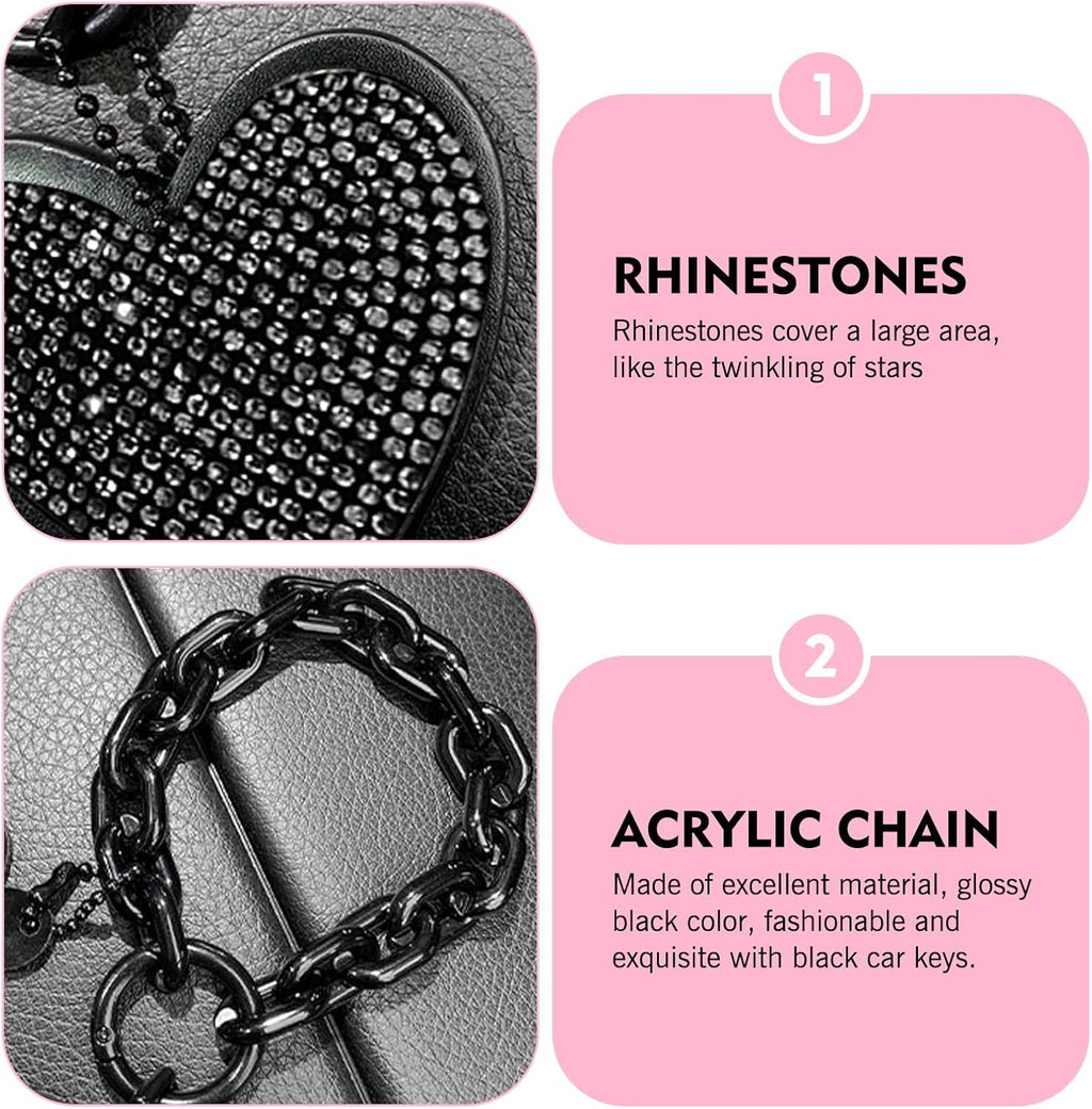 Car Keychain, Heart Key Wristlet Chain, Bling Rhinestone Charm for Handbag Purse Backpack, for Women Girl (Black)