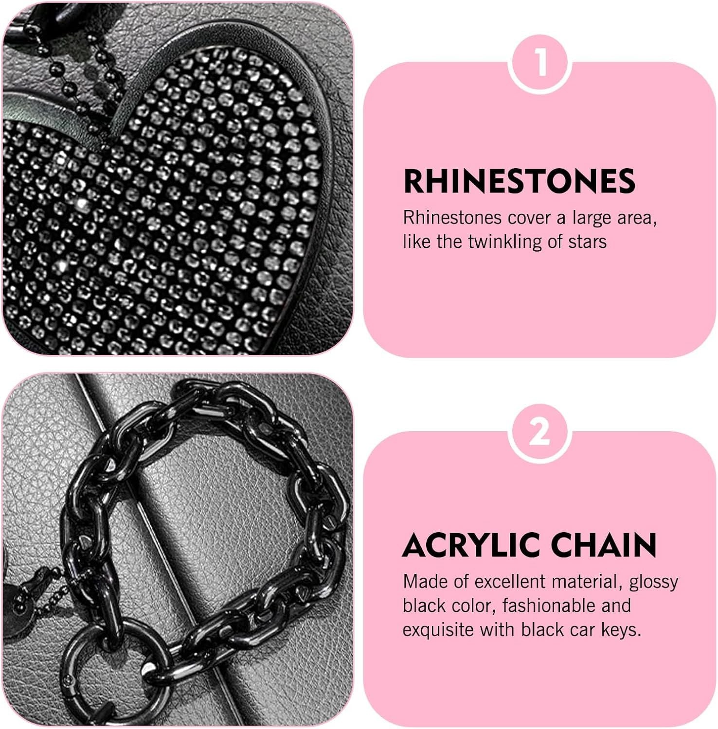 Car Keychain, Heart Key Wristlet Chain, Bling Rhinestone Charm for Handbag Purse Backpack, for Women Girl (Black)
