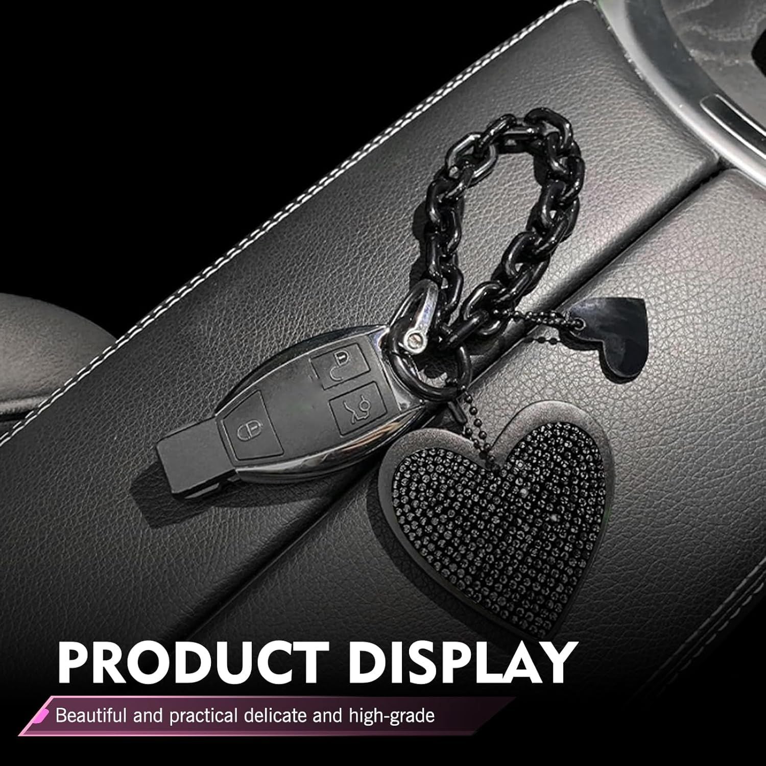 Car Keychain, Heart Key Wristlet Chain, Bling Rhinestone Charm for Handbag Purse Backpack, for Women Girl (Black)