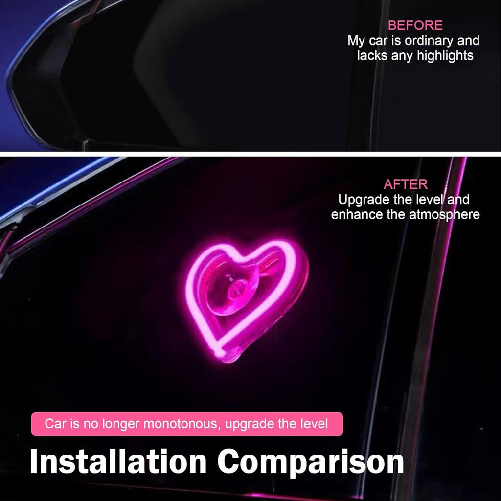 Car LED Ambient Light, Heart-Shaped Neon Window Light with Suction Cup, IP65 Waterproof 5 Modes Night Lighting Decoration, Romantic Mood Interior Accessory for Cigarette Lighter Socket (Pink)