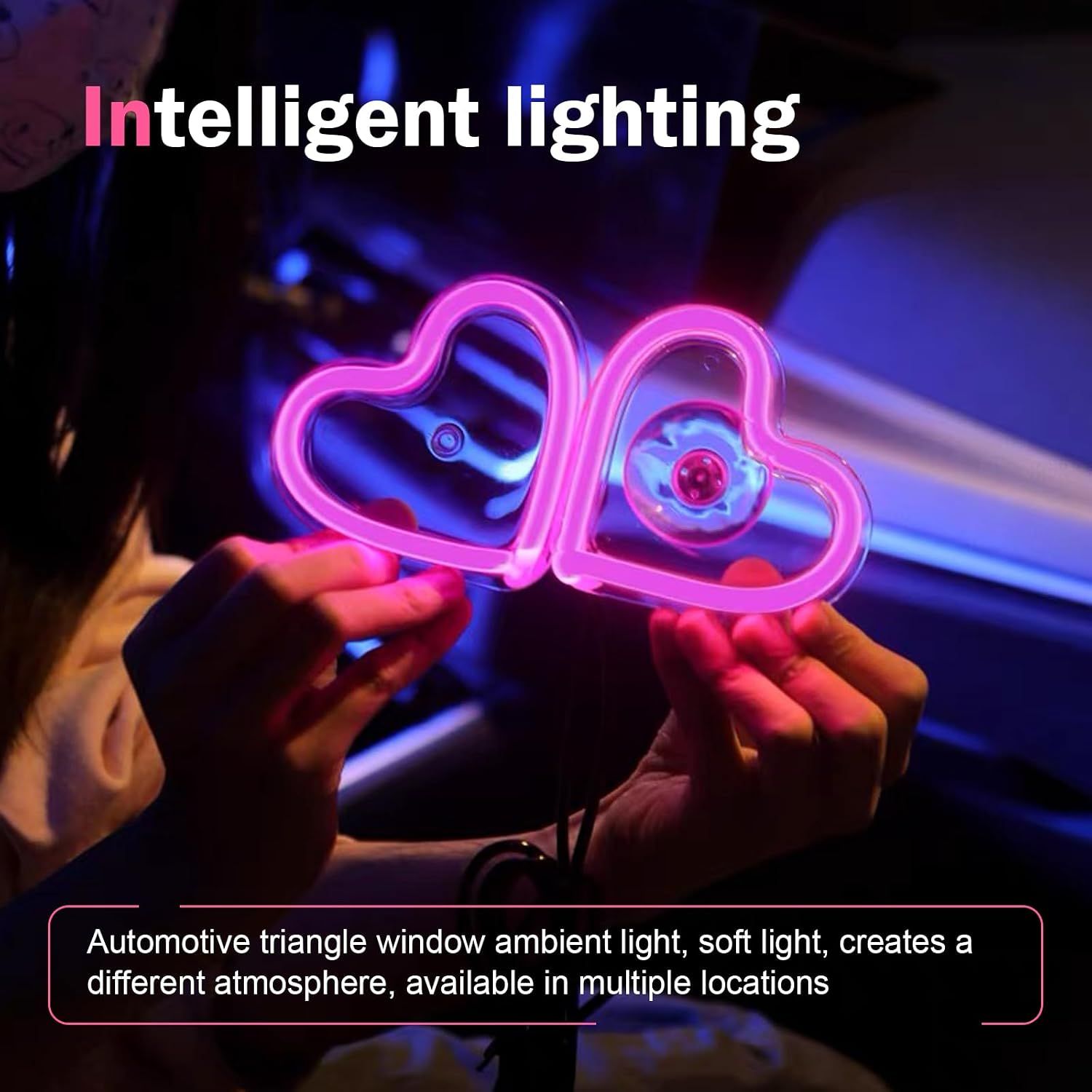 Car LED Ambient Light, Heart-Shaped Neon Window Light with Suction Cup, IP65 Waterproof 5 Modes Night Lighting Decoration, Romantic Mood Interior Accessory for Cigarette Lighter Socket (Pink)
