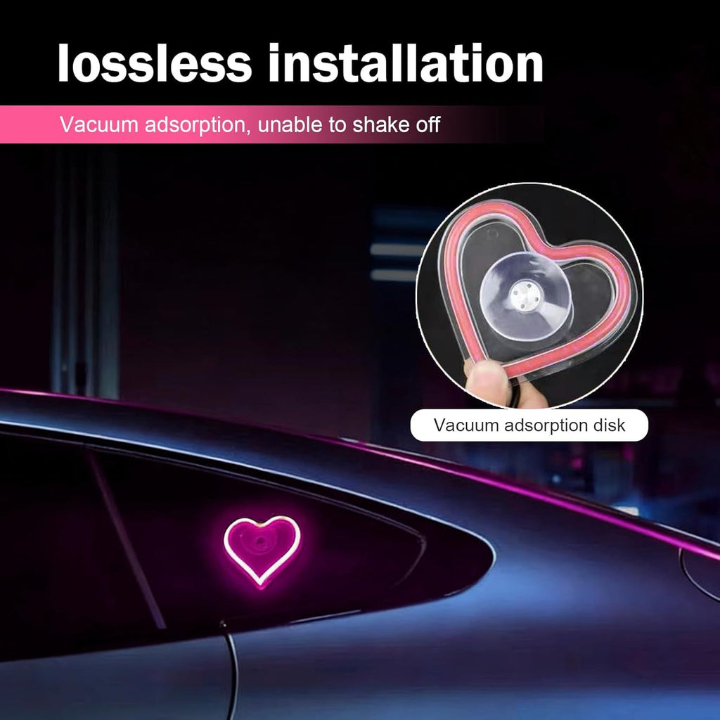 Car LED Ambient Light, Heart-Shaped Neon Window Light with Suction Cup, IP65 Waterproof 5 Modes Night Lighting Decoration, Romantic Mood Interior Accessory for Cigarette Lighter Socket (Pink)