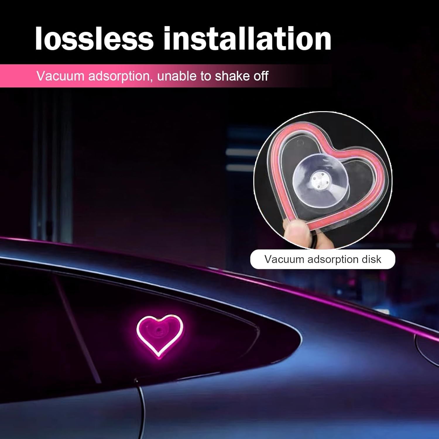 Car LED Ambient Light, Heart-Shaped Neon Window Light with Suction Cup, IP65 Waterproof 5 Modes Night Lighting Decoration, Romantic Mood Interior Accessory for Cigarette Lighter Socket (Pink)