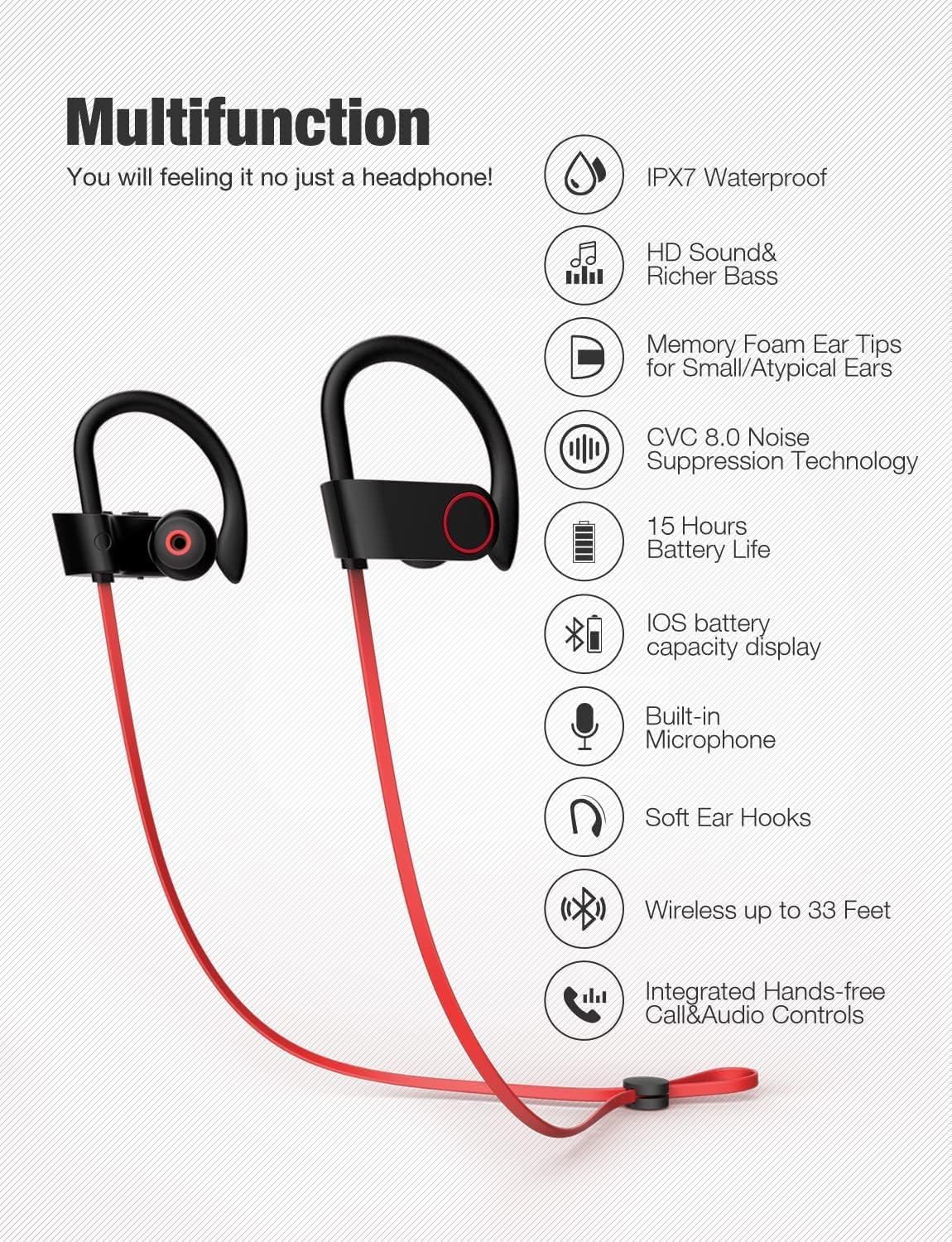 LFS Bluetooth Headphones, Wireless Earbuds IPX7 Waterproof Sports Earphones with Mic HD Stereo Sweatproof in-Ear Earbuds Gym Running Workout 15 Hour Battery Sound Isolation Headsets