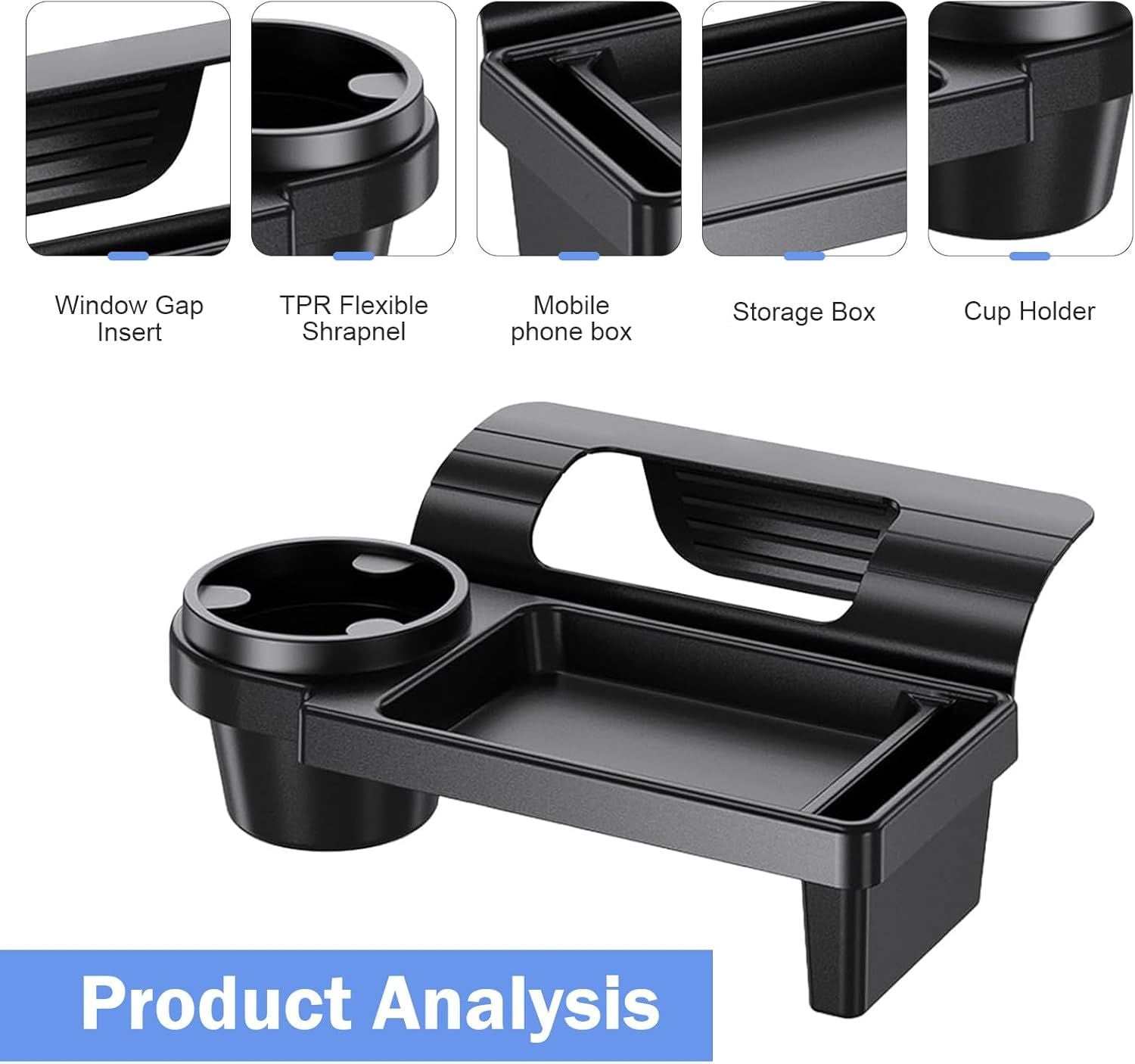 Car Window Storage Holder, Multi-function Cup Holder with Phone Slot & Storage Tray, ABS Anti-scratch Insert Extra Hanging Mount, Interior Organizer for Most Vehicles (Black)