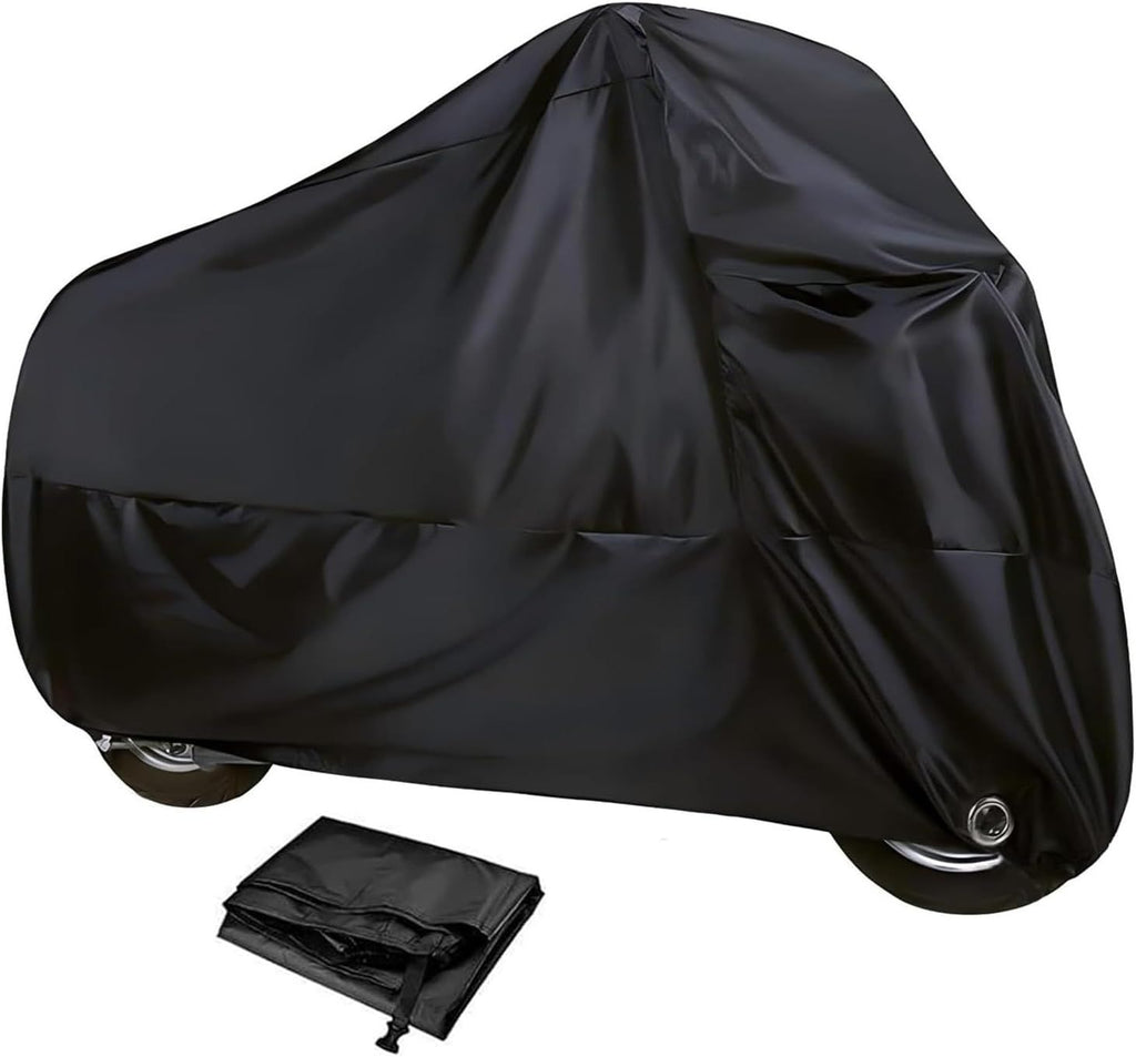 Motorcycle Cover, Waterproof Sun-proof Cloth for All Seasons, Windproof Anti-scratch Shield with Lock‑hole & Buckle Strap, Full Coverage Outdoor Cover for Motorcycle E‑bike Scooter (Black)