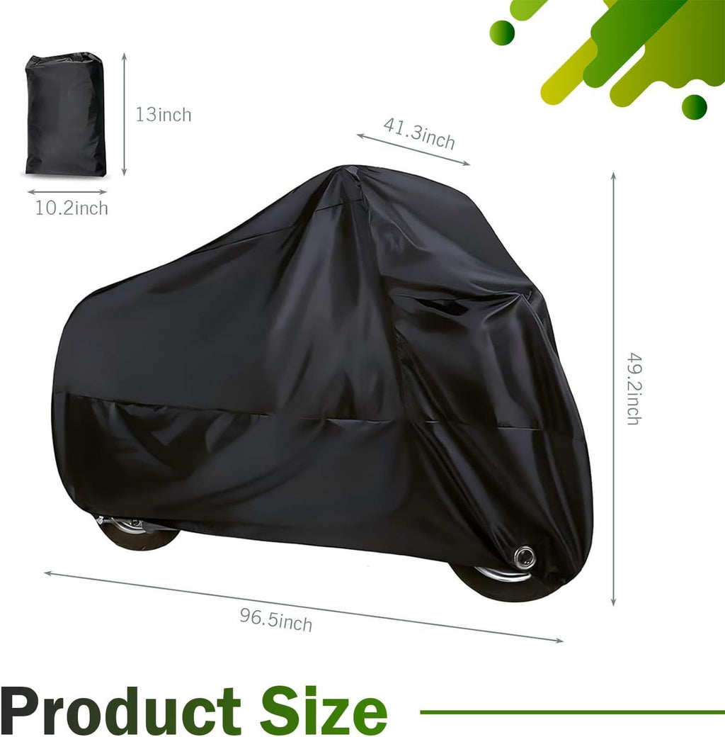 Motorcycle Cover, Waterproof Sun-proof Cloth for All Seasons, Windproof Anti-scratch Shield with Lock‑hole & Buckle Strap, Full Coverage Outdoor Cover for Motorcycle E‑bike Scooter (Black)