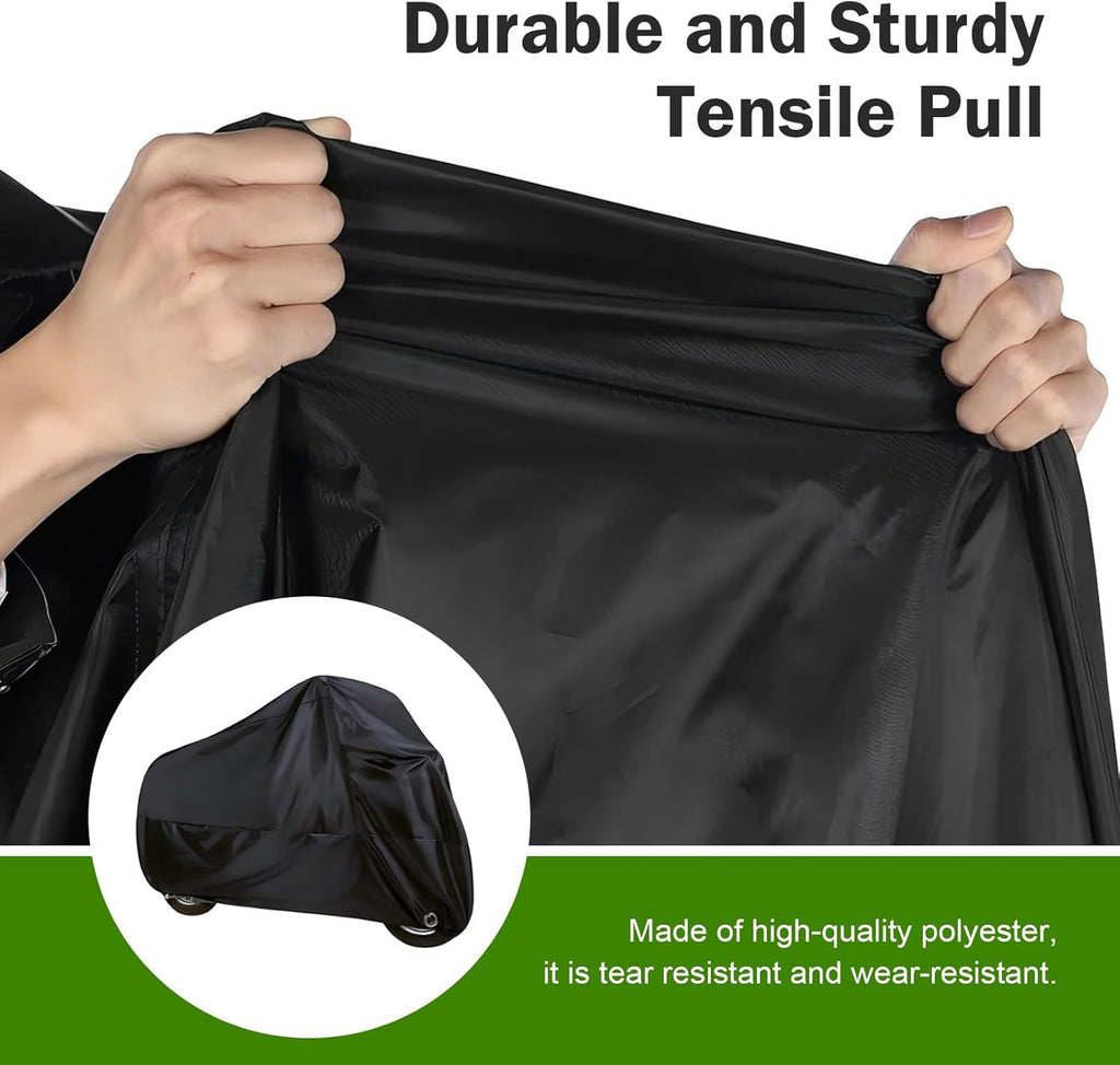Motorcycle Cover, Waterproof Sun-proof Cloth for All Seasons, Windproof Anti-scratch Shield with Lock‑hole & Buckle Strap, Full Coverage Outdoor Cover for Motorcycle E‑bike Scooter (Black)