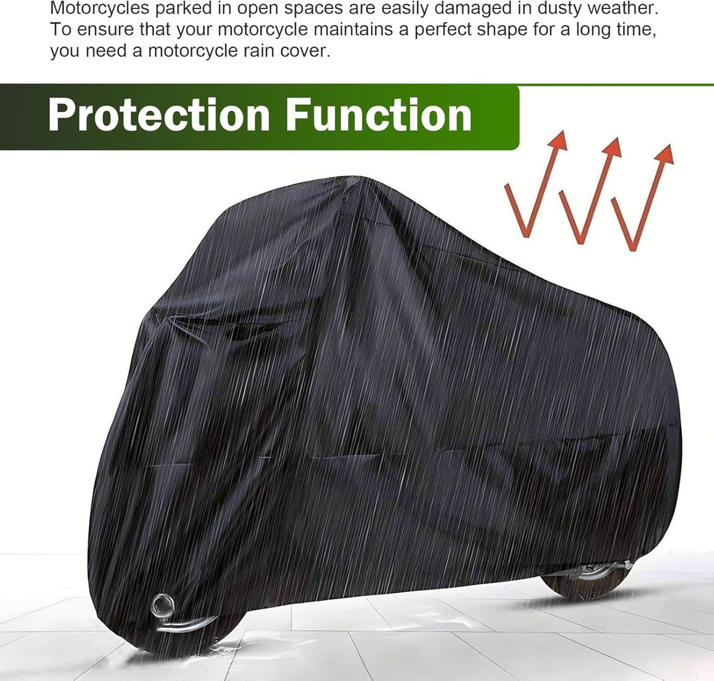 Motorcycle Cover, Waterproof Sun-proof Cloth for All Seasons, Windproof Anti-scratch Shield with Lock‑hole & Buckle Strap, Full Coverage Outdoor Cover for Motorcycle E‑bike Scooter (Black)