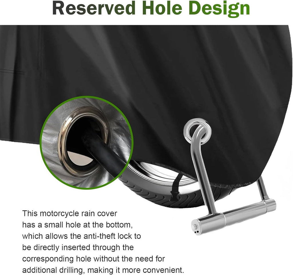 Motorcycle Cover, Waterproof Sun-proof Cloth for All Seasons, Windproof Anti-scratch Shield with Lock‑hole & Buckle Strap, Full Coverage Outdoor Cover for Motorcycle E‑bike Scooter (Black)