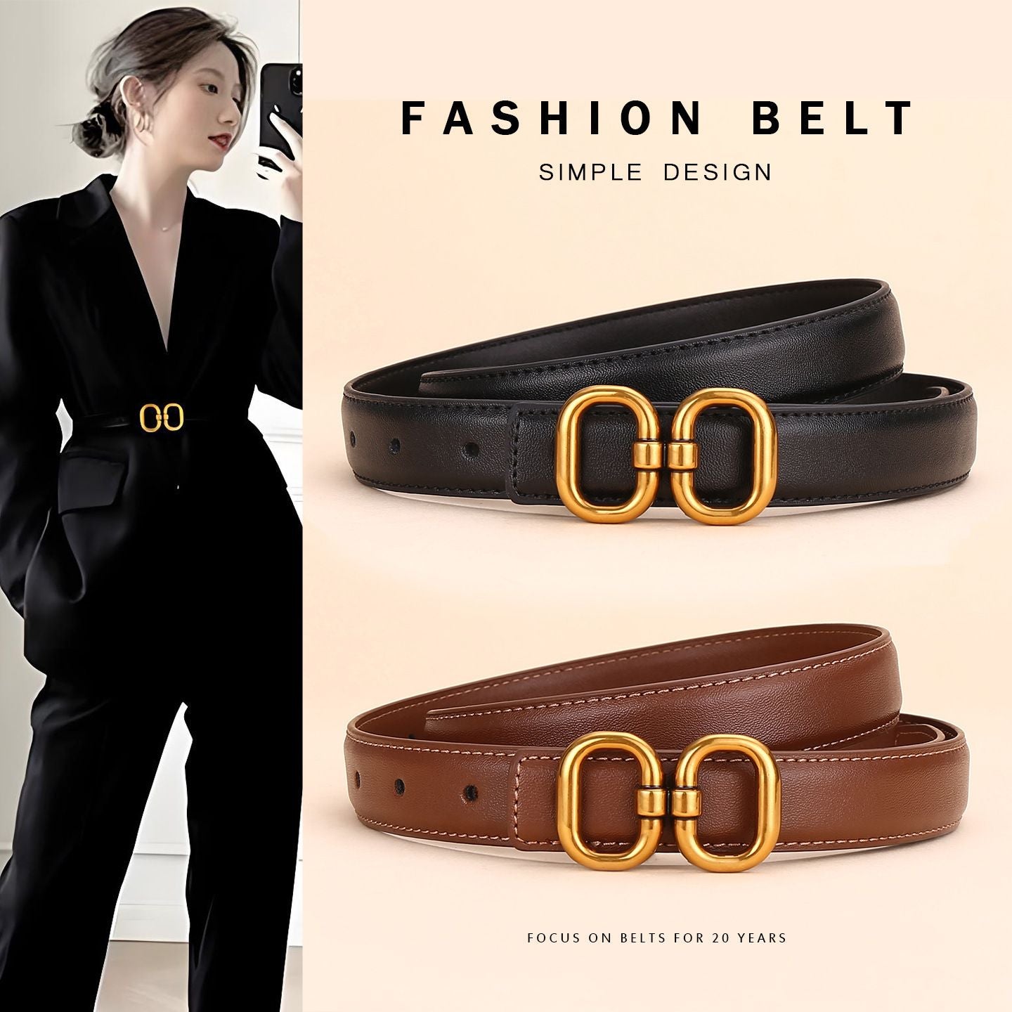 Genuine Leather Women‘s Belt 2-Pack - Classic Black & Dark Brown Dress Belt for Women - Trendy Casual Waist Belt for Jeans Trousers - 110cm