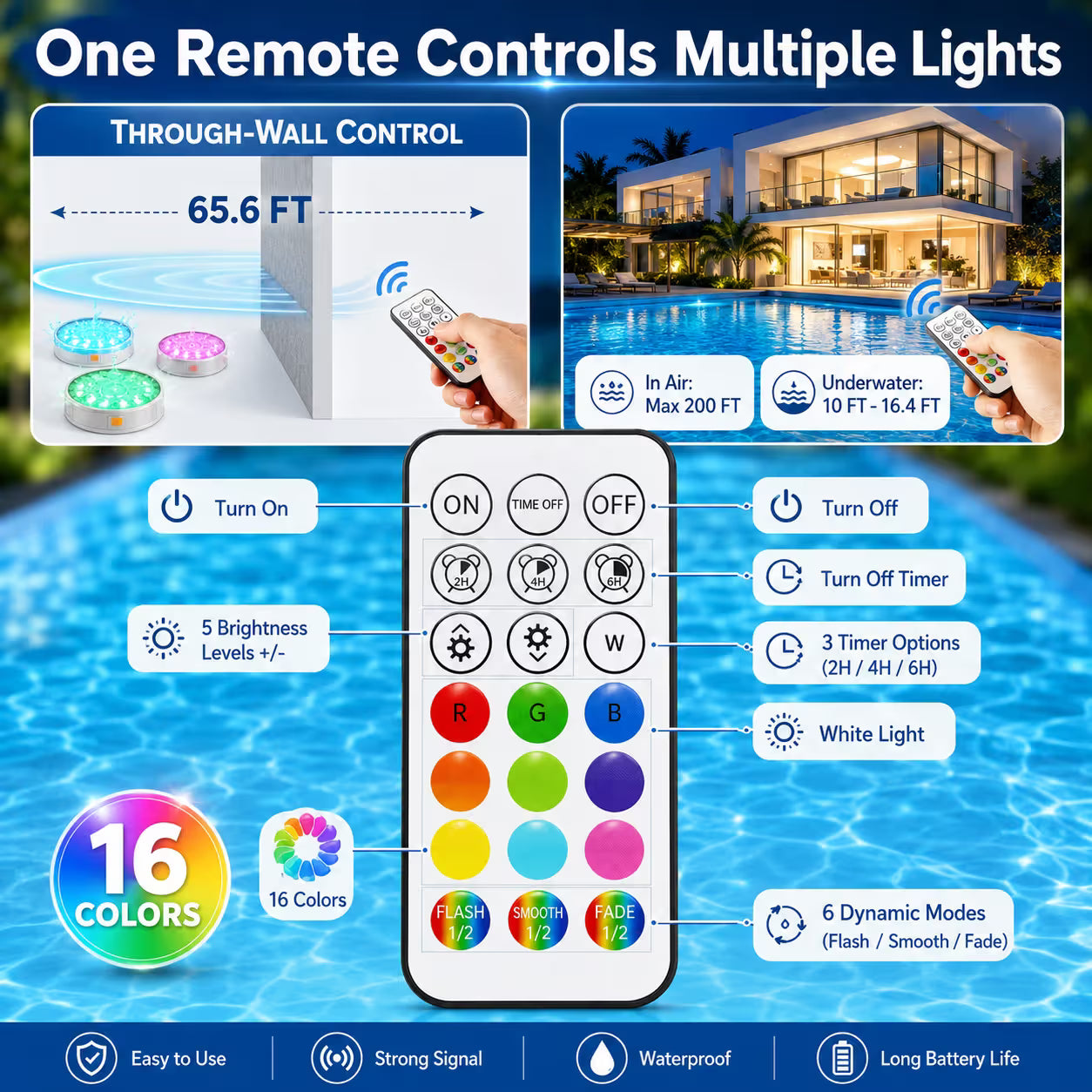 Rechargeable Magnetic Pool Light - IP68 Waterproof Underwater LED Light with Remote Control - 16 Colors 2600mAh Battery for Above Ground Inground Pools - 1 Pack