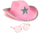 Cowboy Hat Pink Cowgirl Hat With Heart Glasses - Pink Cowboy Hat With Silver Sequin Star - Halloween Decor Cow