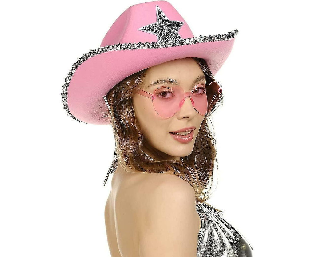 Cowboy Hat Pink Cowgirl Hat With Heart Glasses - Pink Cowboy Hat With Silver Sequin Star - Halloween Decor Cow