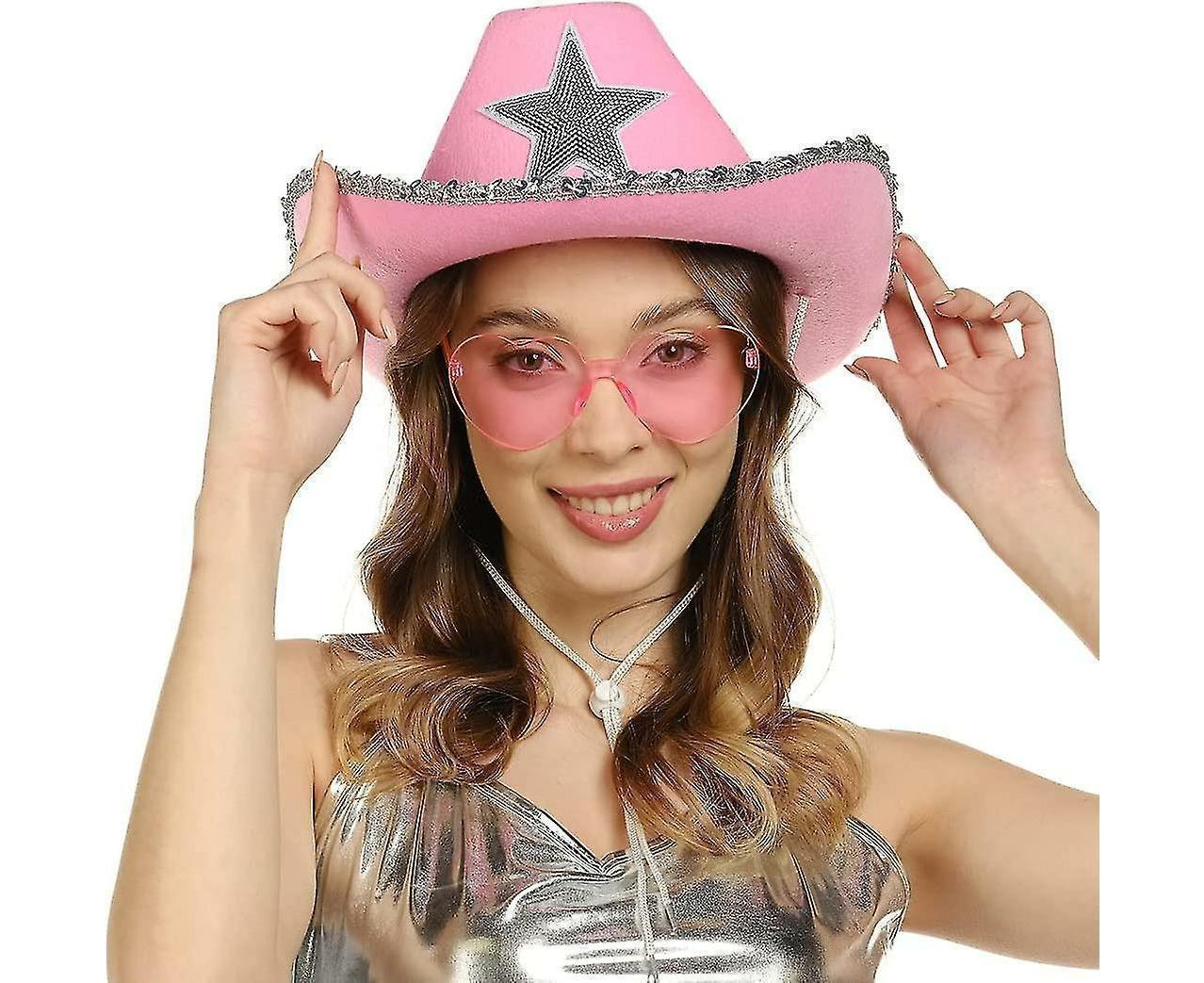 Cowboy Hat Pink Cowgirl Hat With Heart Glasses - Pink Cowboy Hat With Silver Sequin Star - Halloween Decor Cow