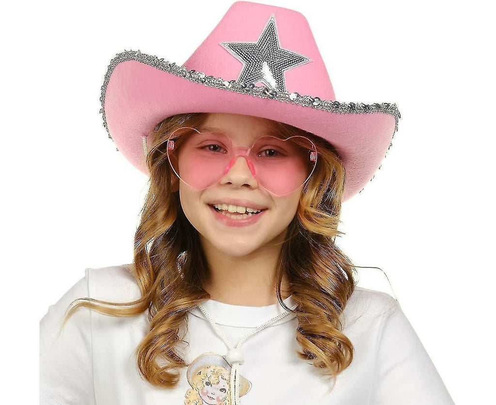 Cowboy Hat Pink Cowgirl Hat With Heart Glasses - Pink Cowboy Hat With Silver Sequin Star - Halloween Decor Cow