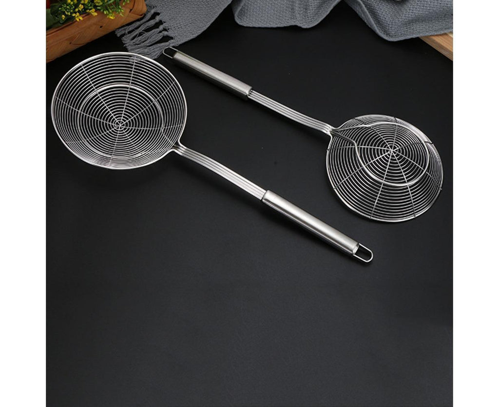 Long Handle Round Stainless Steel Colander Oil Filter Fried Food Grid Strainer-Silver 20