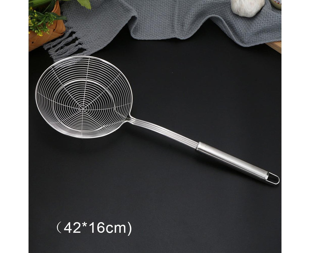Long Handle Round Stainless Steel Colander Oil Filter Fried Food Grid Strainer-Silver 20