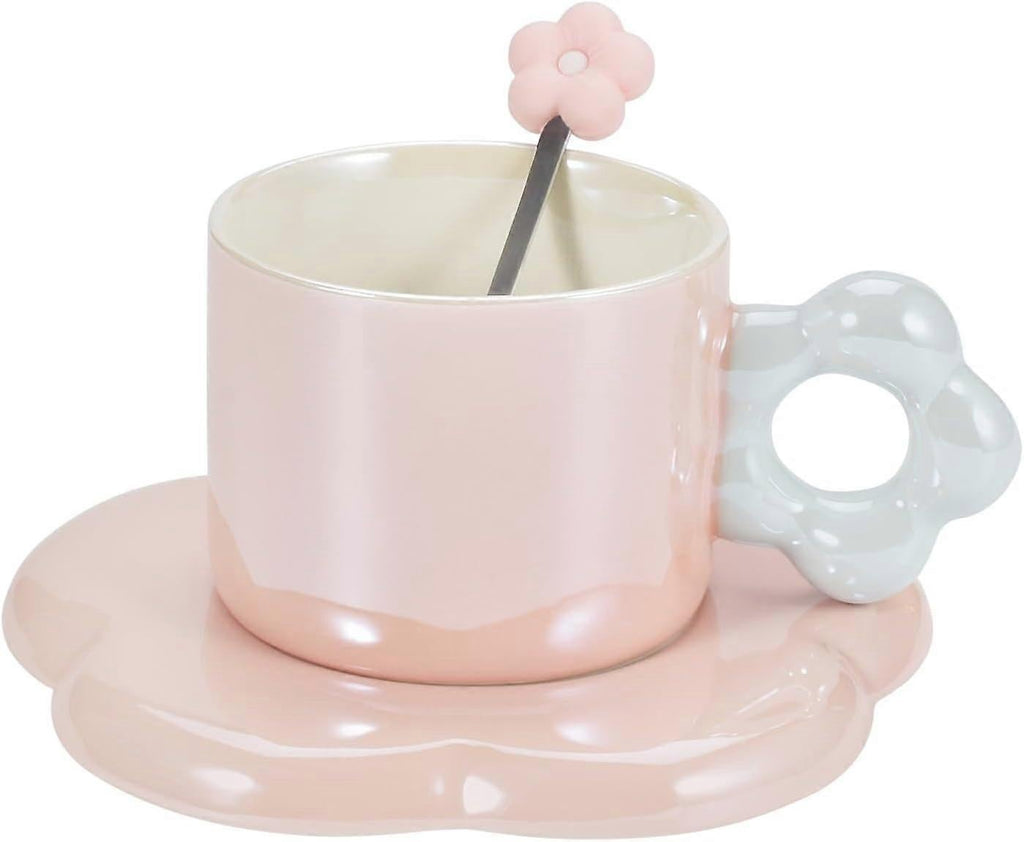 Ceramic Coffee Cup & Saucer Set Flower Mug Demitasse 10oz Pearl Pink
