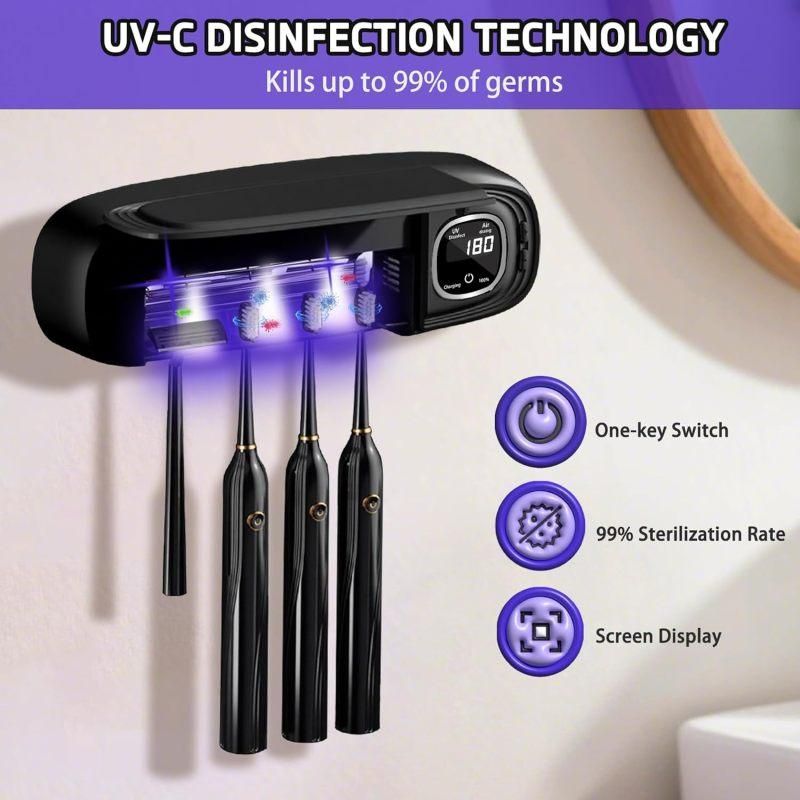 Punch- Wall Mount UV Disinfection Toothbrush Holder 4-Slot Timer Black