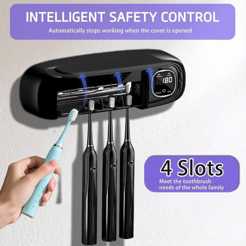 Punch- Wall Mount UV Disinfection Toothbrush Holder 4-Slot Timer Black