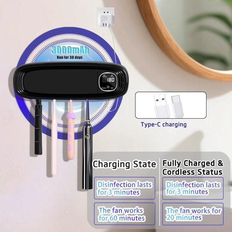 Punch- Wall Mount UV Disinfection Toothbrush Holder 4-Slot Timer Black