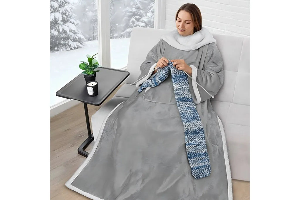 Sleeved Blanket Hoodie Flannel Sherpa TV Blanket Navy Blue