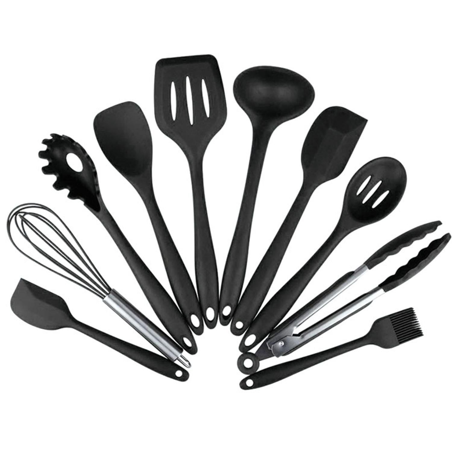10pcs Silicone Kitchen Utensils Non-stick Cookware Spatula Spoon Cookware Set - Black