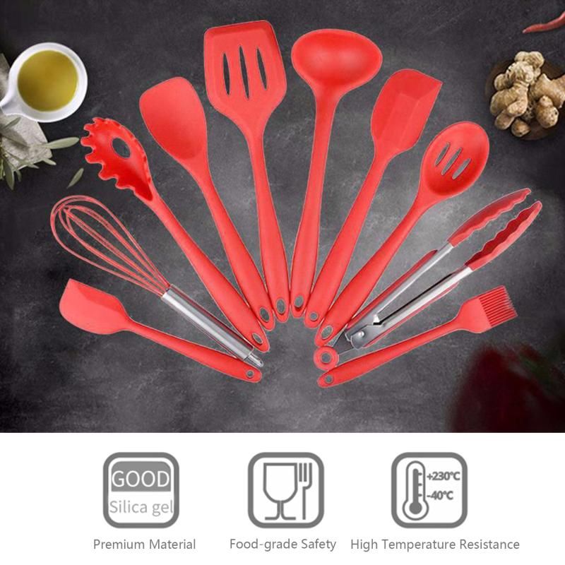 10pcs Silicone Kitchen Utensils Non-stick Cookware Spatula Spoon Cookware Set - Red