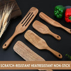 5 Pack Teak Wooden Spatula Set Non-Stick Pan Kitchen Cooking Utensils Brown