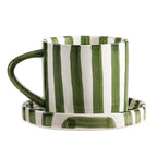 8 Oz Striped Ceramic Coffee Cup With Dish - Green