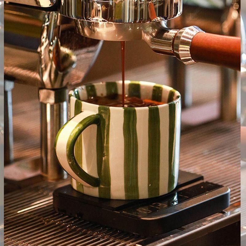 8 Oz Striped Ceramic Coffee Cup With Dish - Green