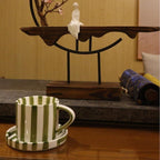 8 Oz Striped Ceramic Coffee Cup With Dish - Green