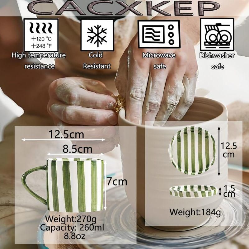 8 Oz Striped Ceramic Coffee Cup With Dish - Green