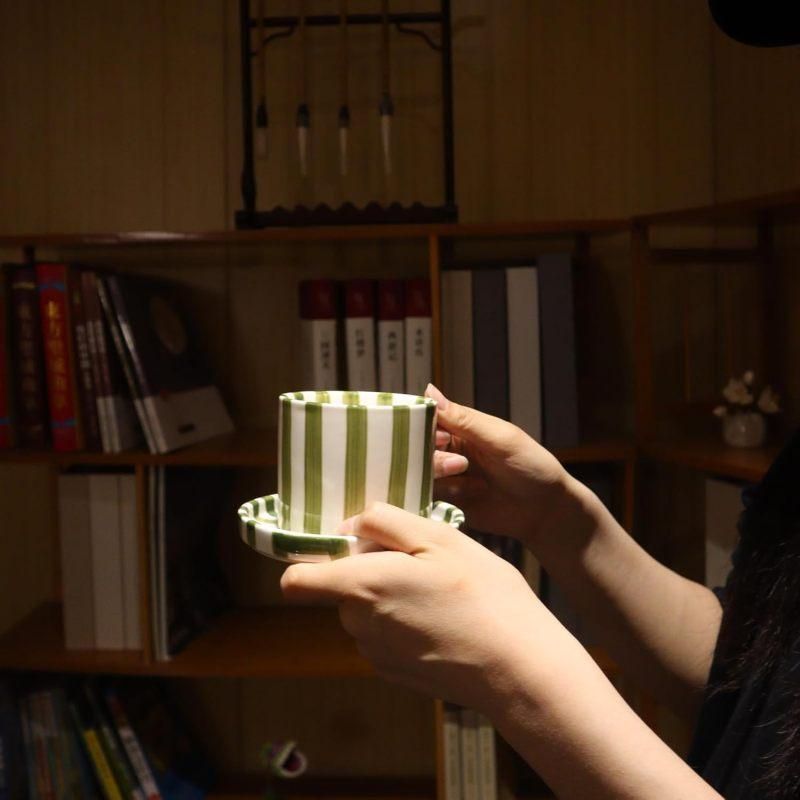 8 Oz Striped Ceramic Coffee Cup With Dish - Green