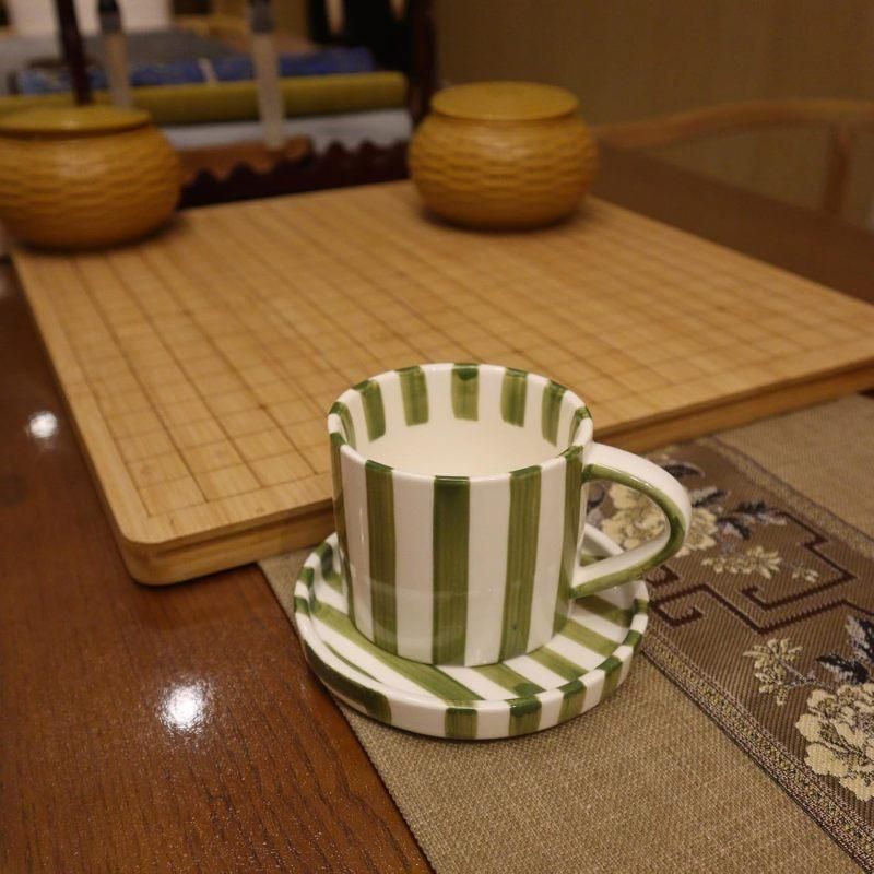 8 Oz Striped Ceramic Coffee Cup With Dish - Green