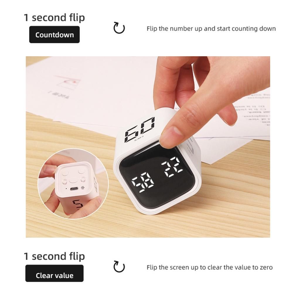 Cube Timer F4 Gravity Flip Rechargeable Countdown Clock LED Display White