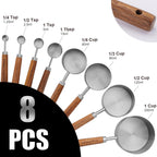Measuring Cups Spoons Set Stainless Steel Wood Handle Premium Kitchen Baking Silver