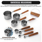 Measuring Cups Spoons Set Stainless Steel Wood Handle Premium Kitchen Baking Silver