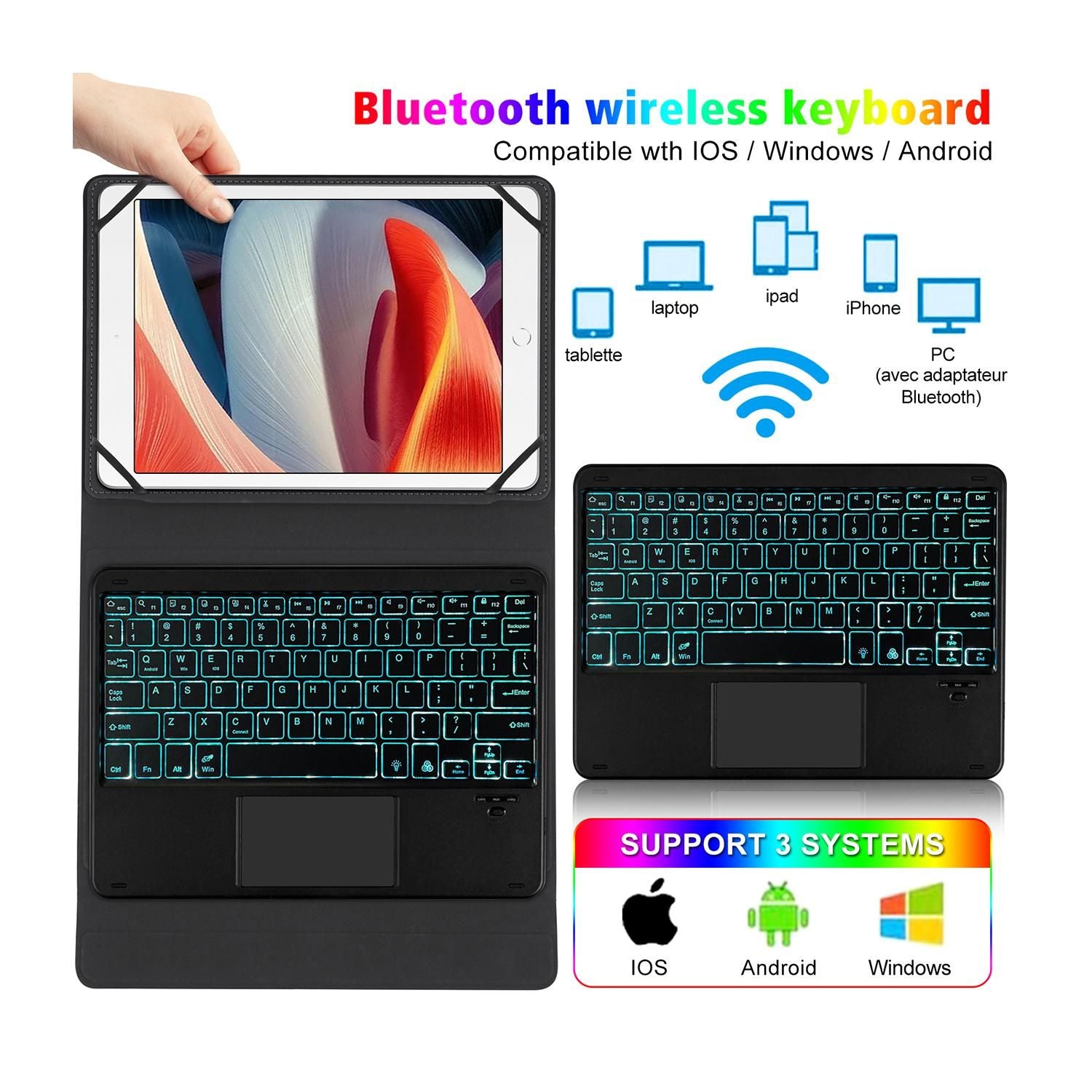 Tablet Keyboard Case Universal Bluetooth Backlit Touch Keyboard for 9-11 Inch Tablets