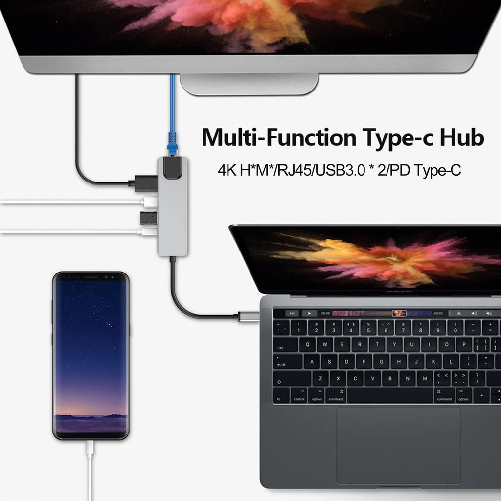 USB C Hub 5 in 1 Type C Docking Station 4K HDMI USB 3.0 RJ45 PD Adapter