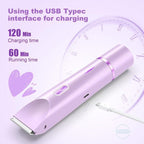 2-in-1 Electric Women's Shaver for Private Care, Bikini Trimmer, Painless & Wet/Dry, Rechargeable - Purple