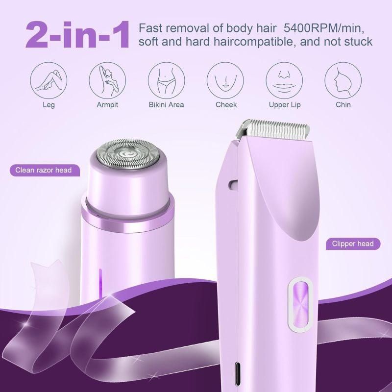 2-in-1 Electric Women's Shaver for Private Care, Bikini Trimmer, Painless & Wet/Dry, Rechargeable - Purple
