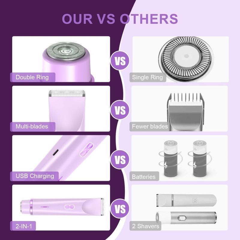 2-in-1 Electric Women's Shaver for Private Care, Bikini Trimmer, Painless & Wet/Dry, Rechargeable - Purple