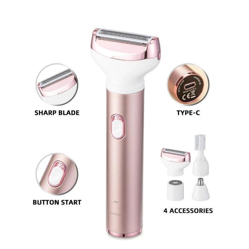 4-in-1 Electric Lady Shaver Kit for Women, Waterproof Bikini, Nose & Eyebrow Trimmer