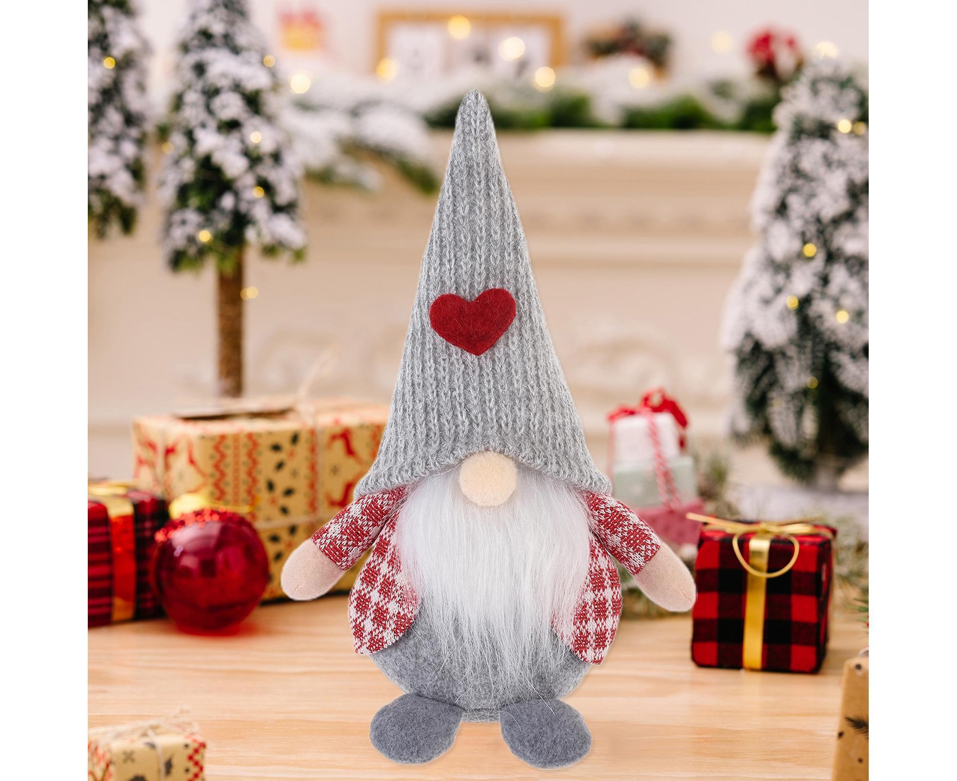 Xmas Faceless Doll Plaid Long Hat-Grey