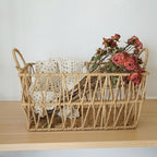 Handwoven paper rope storage basket with a rectangular design and two handles; perfect for organizing desk clutter, snacks, and cosmetics; Bohemian-style storage basket