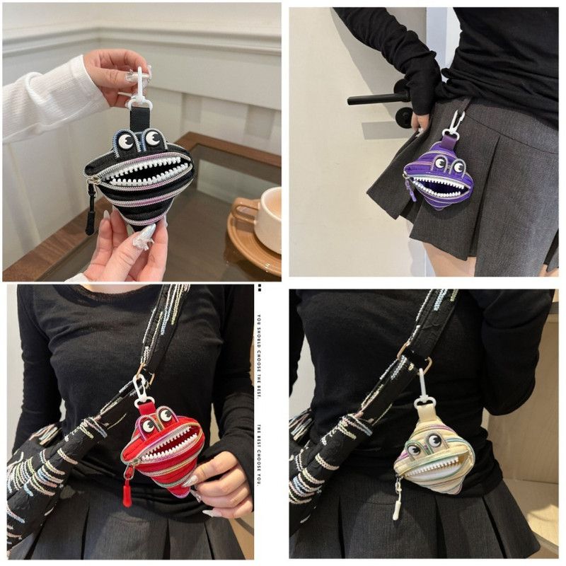 Creative Multi-zip Monster Coin Purse, Earphone and Key Storage Pouch with Detachable Hook - Red