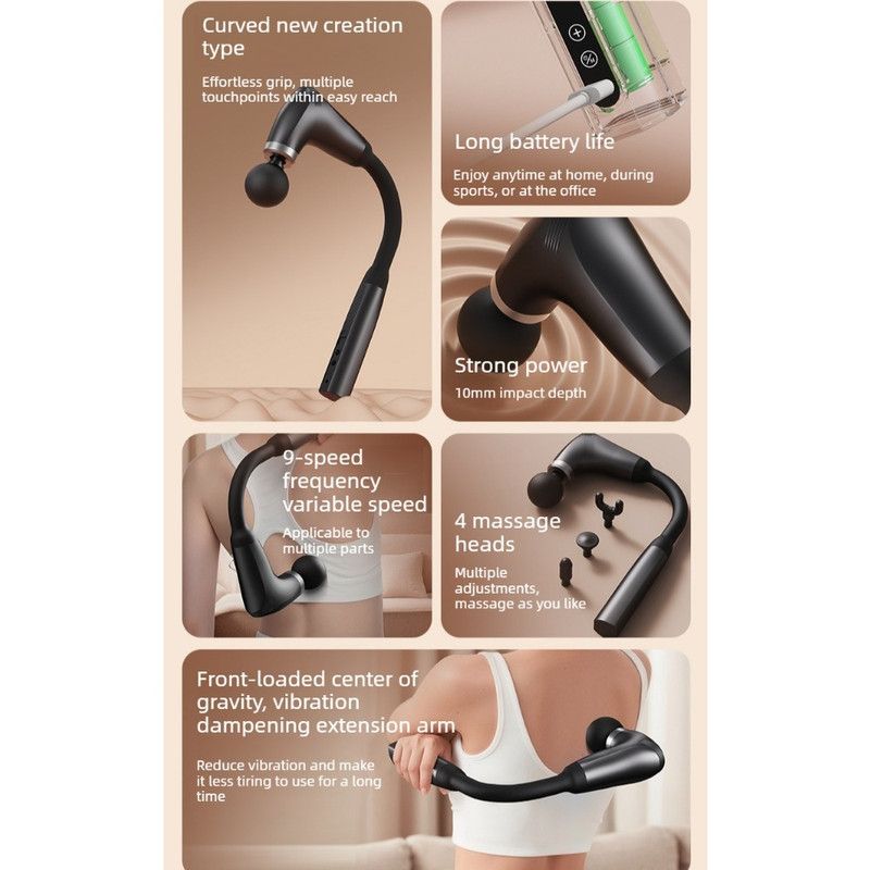U-Shaped Extended Handle Fascia Gun, 9-Speed Variable Electric Deep Tissue Massager for Back, and Body Relief—Black